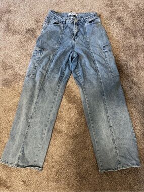 Wide Leg Light Blue Denim Cargo Pants